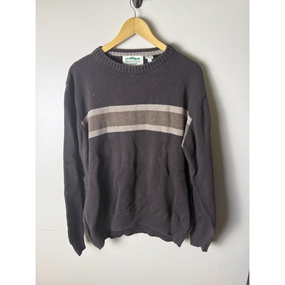 Vintage Y2K Mountain Lake Sweater Mens XL Brown Striped Comfort Cozy 90s
